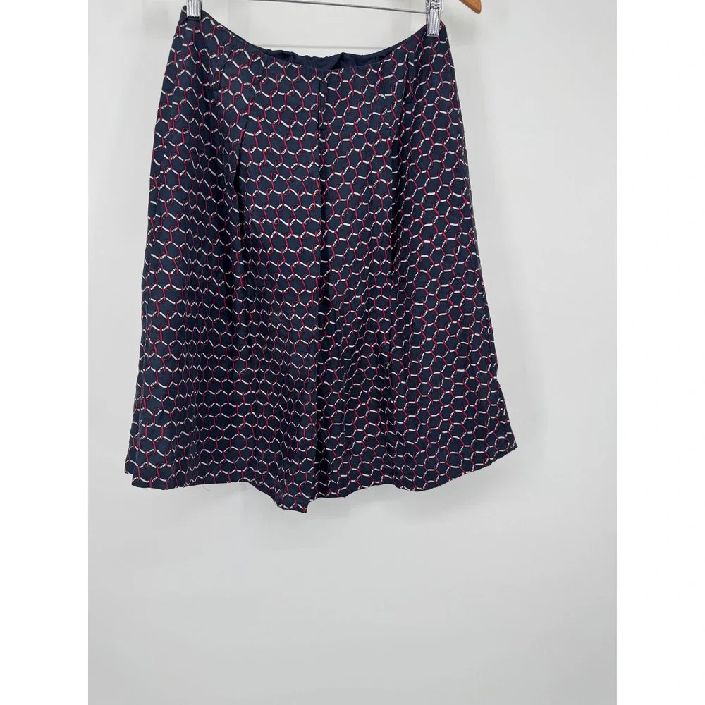 Talbots Pure Silk A-Line Skirt Navy Red Geometric Chain Link Print Size 8 - Picture 3 of 8